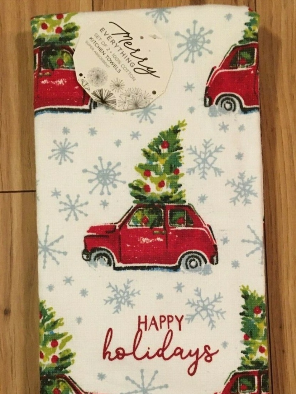 Merry Everything Kitchen Dish Towels Set 2 Red Farmhouse Car Christmas Tree NEW